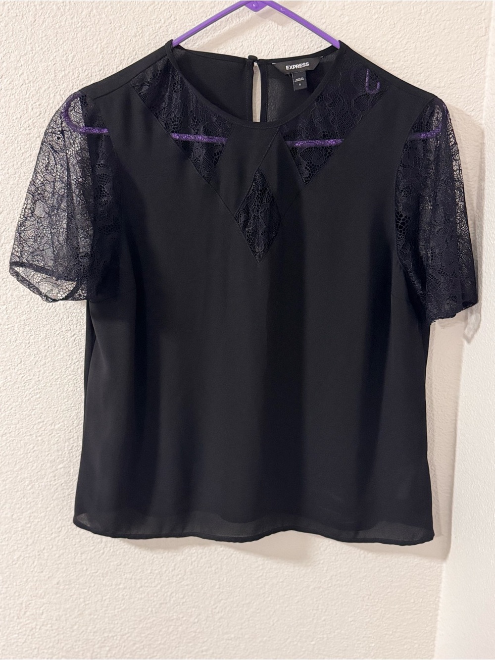 Express Black Lace Inset Short Sleeve Blouse